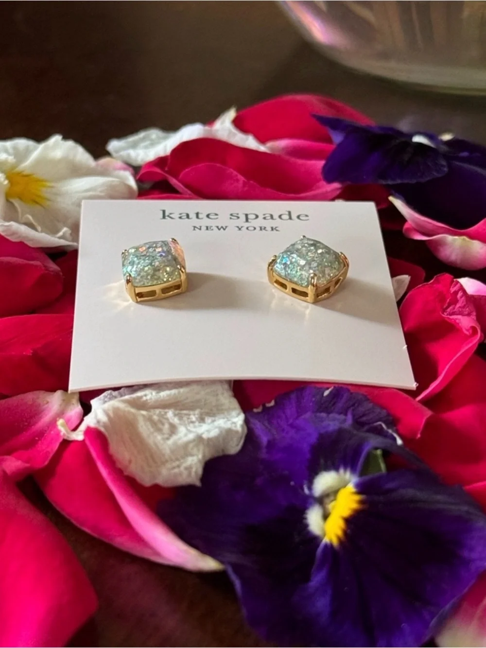 NWT  kate spade Iridescent Glitter Cushion Stud Earrings in Gold
